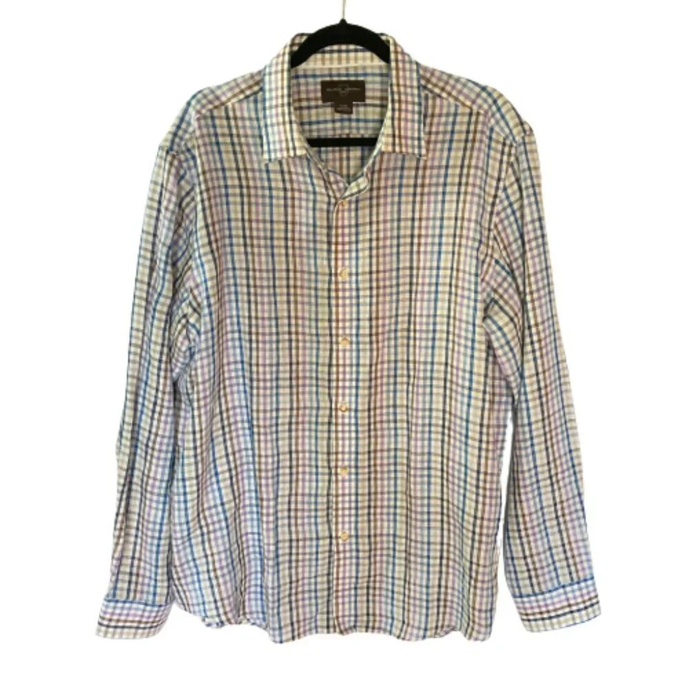 Black Brown 1826 Pastel Plaid Linen Button-Front Long Sleeve Men's Shirt, XL‎